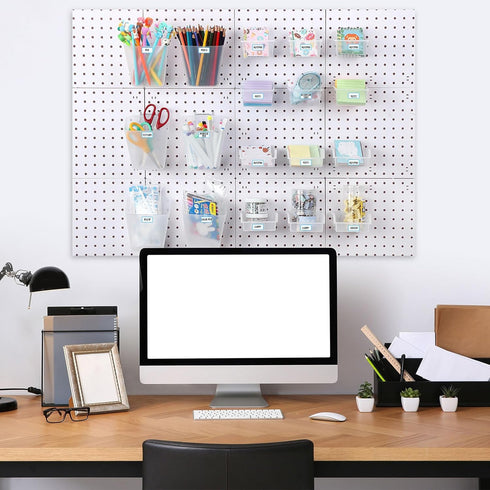 Uiifan 18 Set Pegboard Cups Kit, Plastic Pegboard Bins with Hooks and Label Stickers for DIY Tools Craft Storage