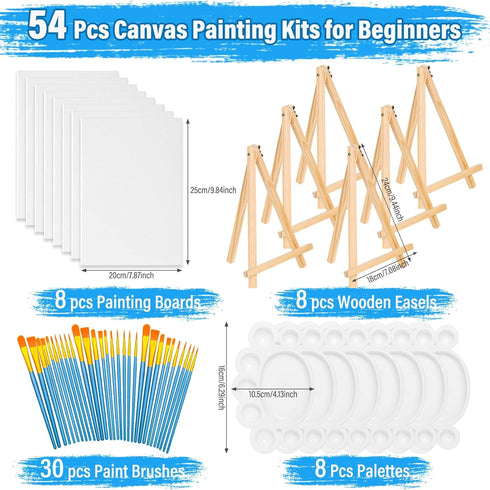 54 Pack Set 8 10 Inch Canvas with Easel x Canvas Boards with Wooden Easels, Paint Brushes Canvas Panel Painting Kit