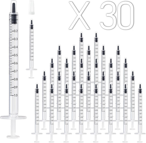 30 Pack 1ml Plastic Syringe with Cap, Sterile, Individually Sealed for Scientific Labs, Watering, Feeding Pets