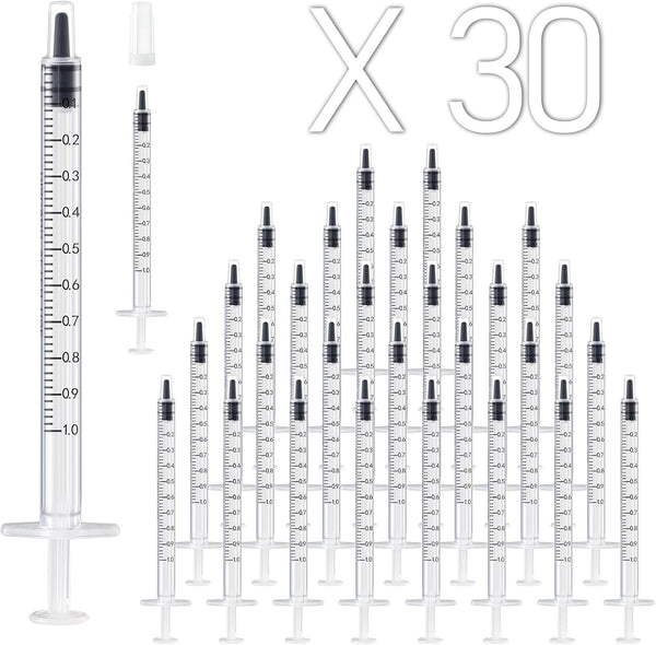 30 Pack 1ml Plastic Syringe with Cap, Sterile, Individually Sealed for Scientific Labs, Watering, Feeding Pets