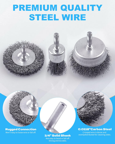 21-Pack Set 1/4-Inch Rocaris Carbon Steel Wire Wheel, Cup, Pen Brush with Round Shank for Rust Removal, Corrosion