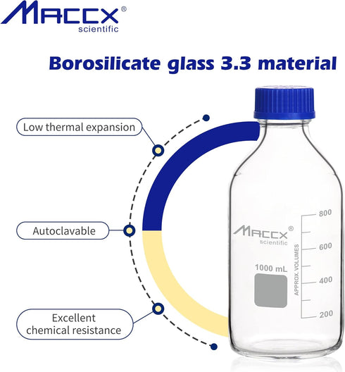 Glass Round Media Storage Bottles - 1000ml Volume, 3.3 Borosilicate Glass with GL45 Polypropylene Screw Cap