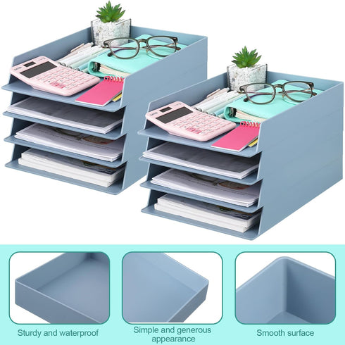 TecUnite 8 Pieces Stackable Blue Letter Trays for Desk, Rectangular Plastic File Organizer for Office Classroom Desktop