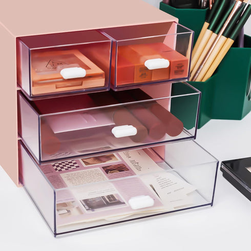 Desk Organizer with 4 Drawers, Plastic Storage Box for Office, School, Home, Dressing Table, and Desktop (Pink)