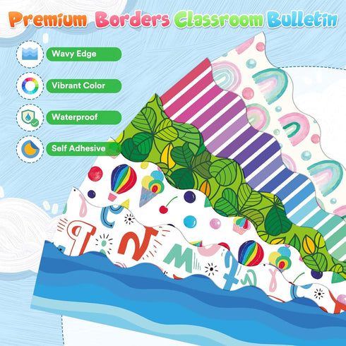 Bulletin Board Border Trim Spring Borders Colorful Summer Blue Ocean Hot Air Balloon Rainbow Removable Blackboard