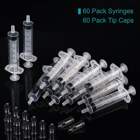 60 Pack 5ml Plastic Syringes, Separate Sterile Packaging, Without Needle, for Scientific Labs Measurement
