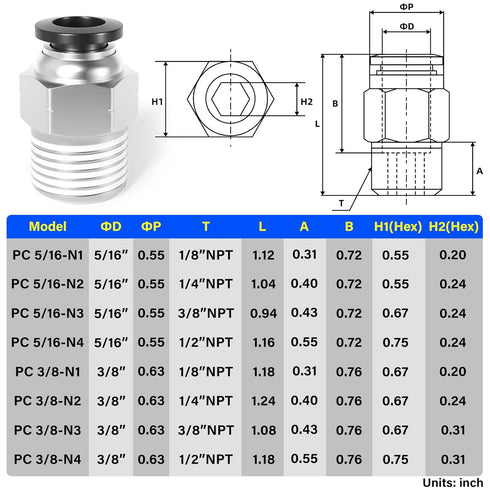 TAILONZ PNEUMATIC Male Straight Push to Connect Fittings, 3/8 Inch Tube OD x 1/4 Inch NPT Thread, Pack of 10