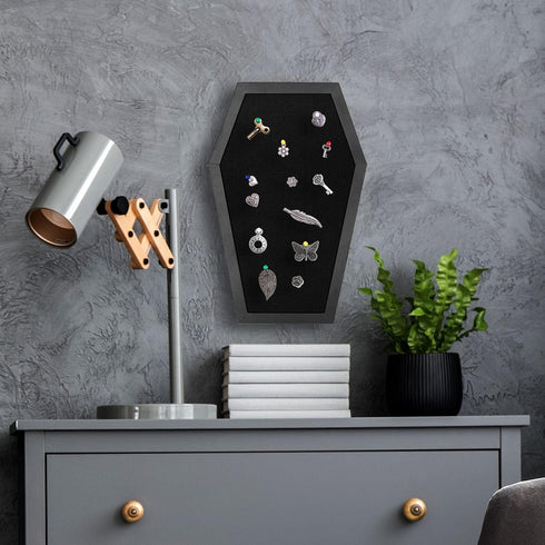 Coffin Pin Display Board, Wooden Felt Bulletin Board for Table Top or Wall, Gothic Decor 17 x 11 Inches