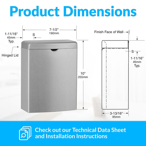 Bobrick Sanitary Napkin Disposal Wall Mounted Stainless Steel Flip Top Receptacle, 1 Gallon Capacity, Model B-270