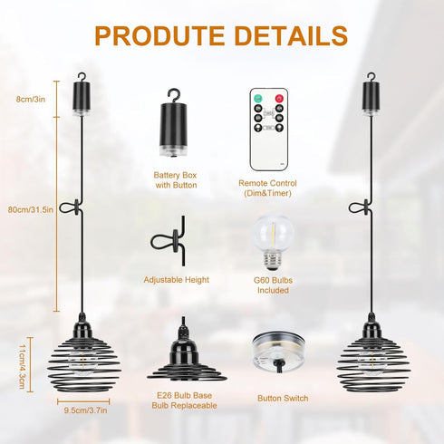 Lightess Outdoor Chandelier for Gazebo Lights Battery Operated, Black Battery Powered Hanging Light Pendant Waterproof