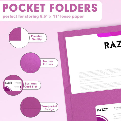 RAZCC 50 Pack Two Pocket Folders, Rose Purple, Fit Letter Size Paper for School Office Business Home