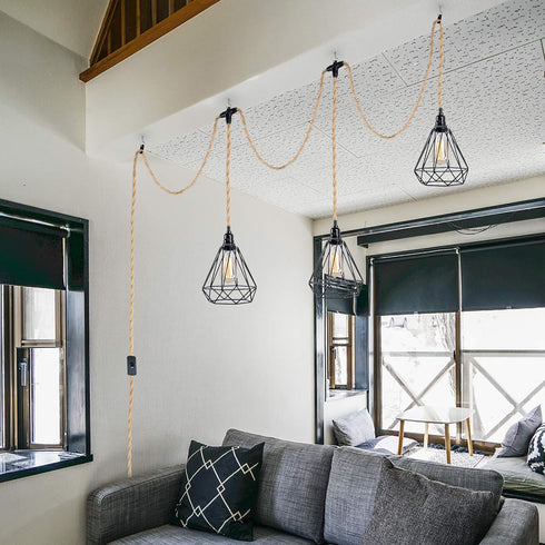 Yilliaw 27FT 3 Light Plug in Pendant Lights with Switch & Hemp Rope - Industrial Hanging Light Kit with E26 Socket