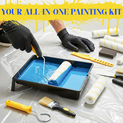 Krbnk 18-Piece 3.3ft 4" 9" Paint Roller Kit with Reinforcing Extension Pole, & Roller Covers, Paint Tray & Brushes
