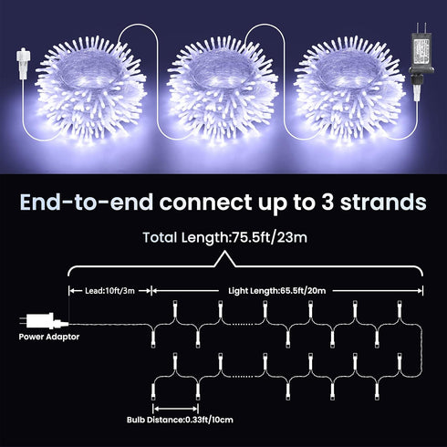 75 200 8 Christmas Lights Cool White, Ft LED Christmas String Lights Connectable, Modes, Timer, Waterproof Fairy