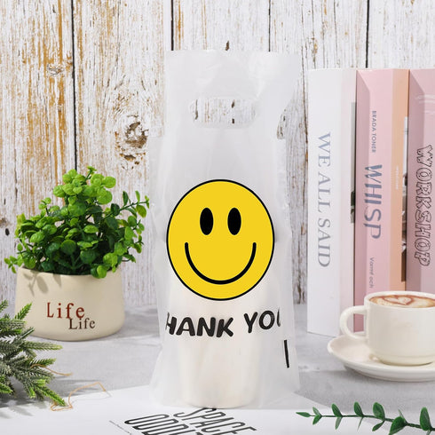 1000 Count 1 Packaging 11 6.3 Inch Whaline Thank You Handle Drink Bags Cup Smile Face Plastic Poly Bag Carriers