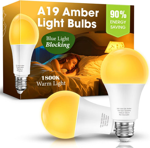 Sleep Light Bulb, 100 Watt Equivalent, 13W Blue Light Blocking, 1800K Amber Color, 2 Pack