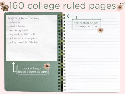 Steel Mill & Co Cute Green Mini Spiral Notebook, 8.25" x 6.25" Journal with Durable Hardcover and 160 Lined Pages, Woodland Floral