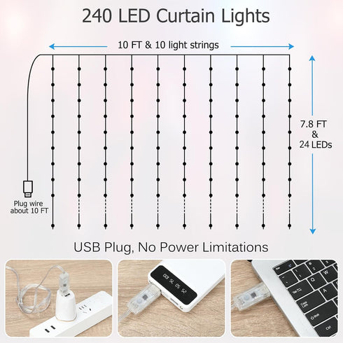 9.8ft 7.8ft 240 LED Curtain Lights, x LED RGB Color Changing String Fairy Lights Curtain-Smart APP Control, Music