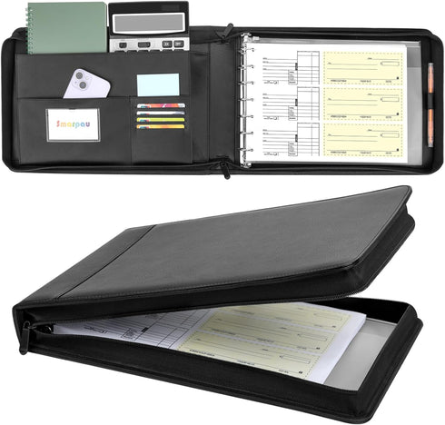 Smarpau Business Checkbook Binder, 7 Ring PU Leather, Holds 600 Checks, Black