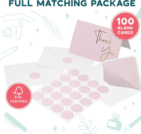 Set 100 Pack 4x6 Set VNS Creations Gold Foil Thank You Cards With Envelopes Bulk & Stickers - Blank Thank You Notes Box
