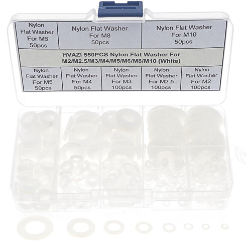 550PCS Nylon Flat Washer Assortment Kit for M2 M2.5 M3 M4 M5 M6 M8 M10 Screw/Bolt (White)