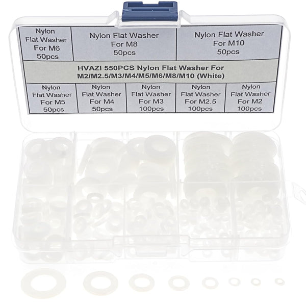 550PCS Nylon Flat Washer Assortment Kit for M2 M2.5 M3 M4 M5 M6 M8 M10 Screw/Bolt (White)