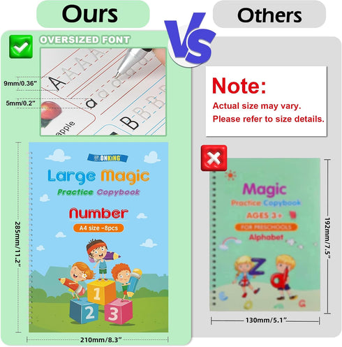 Set: 5-Pack 3-8, Large Handwriting Magic Grooved Practice Copybook with Wooden Alphabet Tracing Board, Reusable Letter