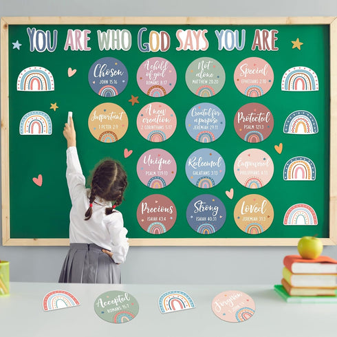 Christian Bulletin Board Decorations - Inspirational Sets with Motivational Cutouts Boho Rainbow Religious Wall Decor