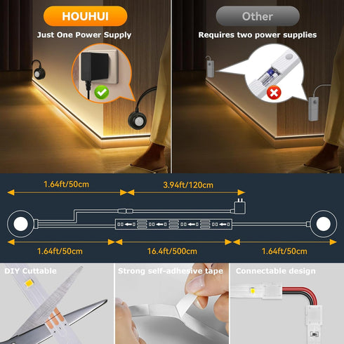 Lights,16.4Ft Bedside,12V Closet HOUHUI Dual Motion Sensor Light Indoor Under Bed Motion Activated LED Strip Lights
