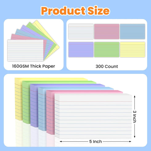 WAYISUL 300PCS 3 5 Inch, Index Cards x Colored Flash Cards, Lined Flashcards Notecards, Flash Cards for Studying, Ruled