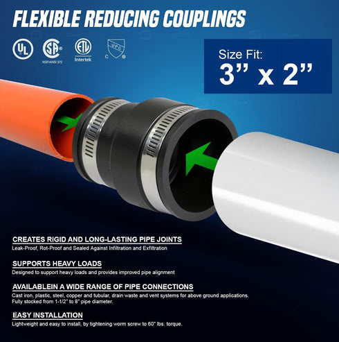 6I55 Flexible PVC Reducing Coupling, 3.5" x 2.4" Inner Diameter, Black with Stainless Steel Clamps
