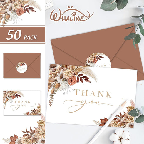 50 Pack 4 6 Inch Whaline Boho Floral Thank You Cards Boxed Retro Flower Note Cards with Envelopes Stickers Fall Blank