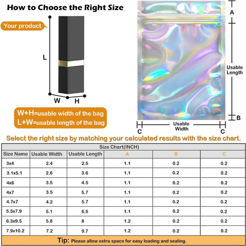 100 Pack Resealable Holographic Bags for Small Business - Iridescent Mylar Bags with Clear Front, 4 X 6 inches