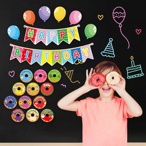 Donut Happy Birthday Bulletin Board Set, Let's Celebrate Happy Birthday Balloon Donut Accents for Classrooms