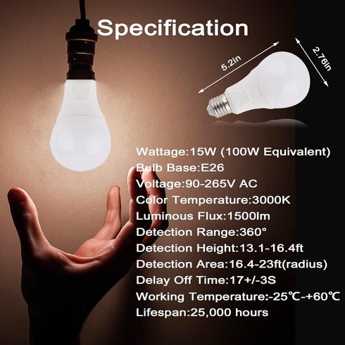 Motion Sensor Light Bulbs, Outdoor 15W (100W Equivalent), 3000K, E26 A21, Dusk to Dawn, Radar Activated, 2 Pack