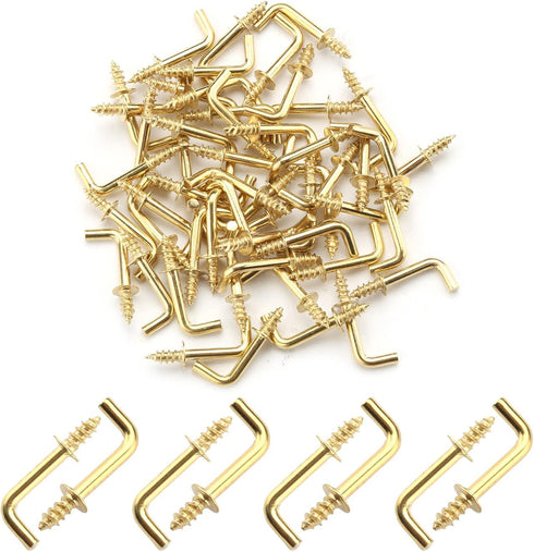 MroMax 1/2" 50Pcs Gold Screw in Hooks, L Shape Hooks Carbon Steel Right Angle Hooks for Home Workplace