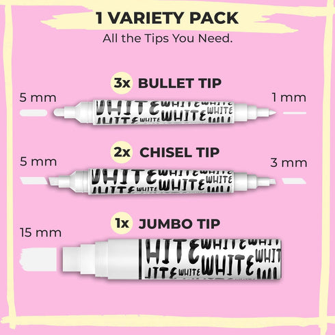 6 (1mm, 3mm, 5mm, 15mm) Chalkola White Chalk Markers - Dual tip, Fine & Jumbo Tip | Erasable Liquid Chalk Pens