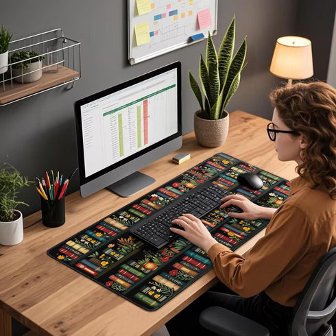 Mcapirivo 31.5"x15.7" Vintage Library Bookshelf Large Gaming Mouse Pad Flower XXL Desk Mat, Non-Slip Rubber Base