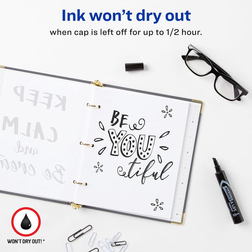 Avery Marks-A-Lot Permanent Markers, 2 Black Regular Desk-Style Size, Chisel Tip, Water & Wear Resistant