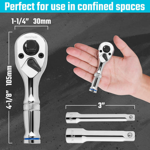 DURATECH Stubby Ratchet Set, 3-IN-1 Ratchet Handle with Extension Bars, Alloy Steel