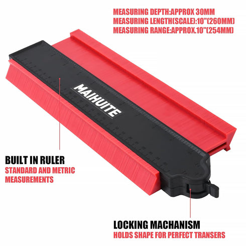 10" Adjustable Contour Duplication Gauge - Copy Irregular Shape for Woodworking, DIY Handyman Tool (RED)
