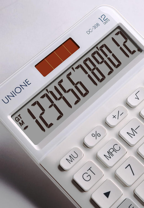 UNIONE Big Size Calculator, Bright LCD, Dual Power Handheld Desktop for Business, Office, High School (White)