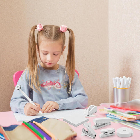 Cute White Desk Accessory Kit, Desktop Stapler Set with Staple Remover, Hole Punch, Tape Dispenser, Pen