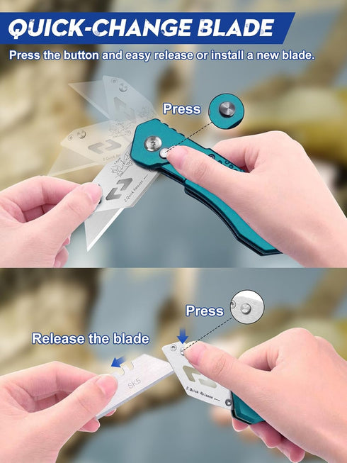 BIBURY Utility Knife, Heavy Duty Folding Box Cutter, Pocket Carpet Cutter Knife with 10 Extra SK5 Stainless Steel Blades, Easy Release Button, Belt Clip, Quick Change and Safety Lock-Green by BIBURY