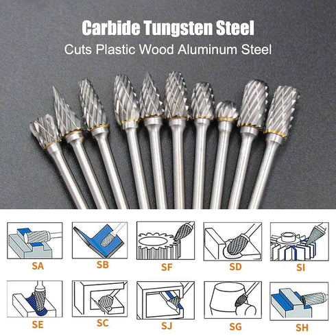 Tungsten Carbide Double Cut Burr Set, 10pcs with 1/8" Shank, 1/4" Grinding Head for Grinder, DIY Wood-Working