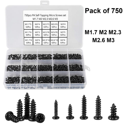 750 Pcs Small/Micro/Tiny/Mini Self-Tapping Screws - M1.7-M3 Phillips Pan Head, Cross Recessed, Carbon Steel (Black)