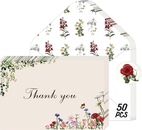 Poatel Thank You Cards with Envelopes, 50 Pack 4x6 Inch Vintage Flower Blank