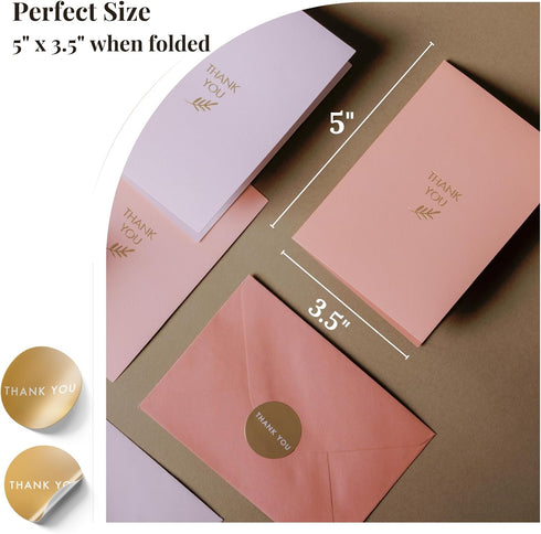 Pack 40, 5x3.5 Inch Gold Foil Thank You Cards - Bulk of with Matching Stickers & Envelopes (Pink) Textured Surface