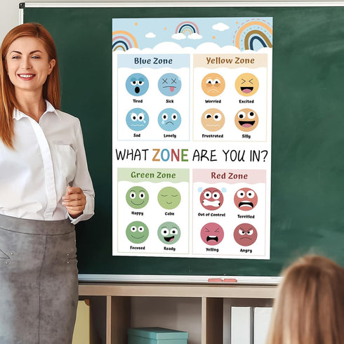 Feelings Chart for Kids Boho Zones of Regulation Hanging Poster Rainbow Emotions Classroom Bulletin Board Chart for
