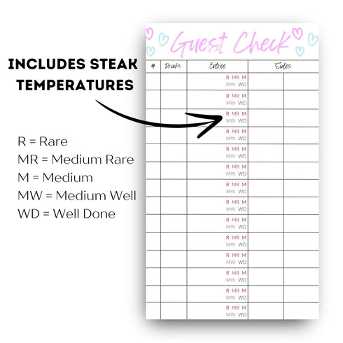 Generic (1) Steakhouse Guest Check Server Note Pads, Waitress Server Pad with Steak Temperatures, Premium Server Book